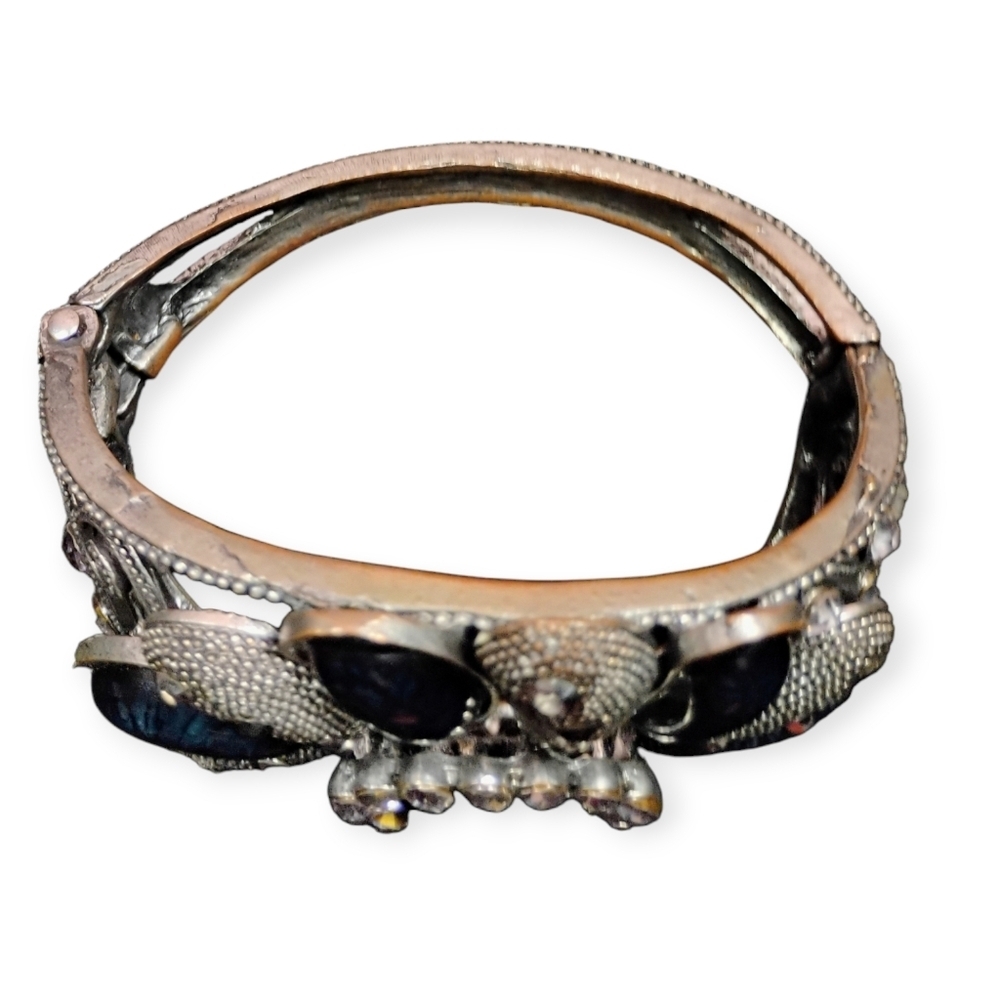 Vintage Silver Floral Cuff Bracelet Blue Cabochons - Picture 13 of 17